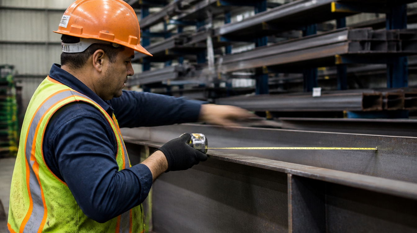 Trabajador midiendo viga estructural en bodega
