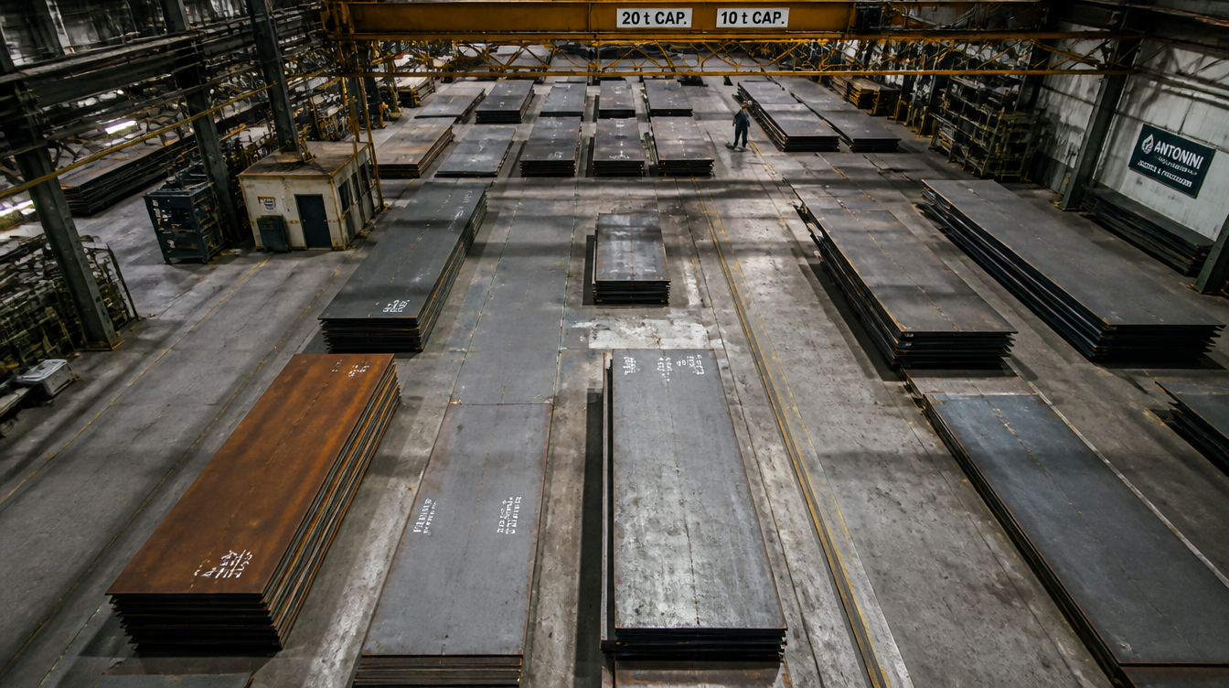 Vista cenital de placas de acero en piso de bodega